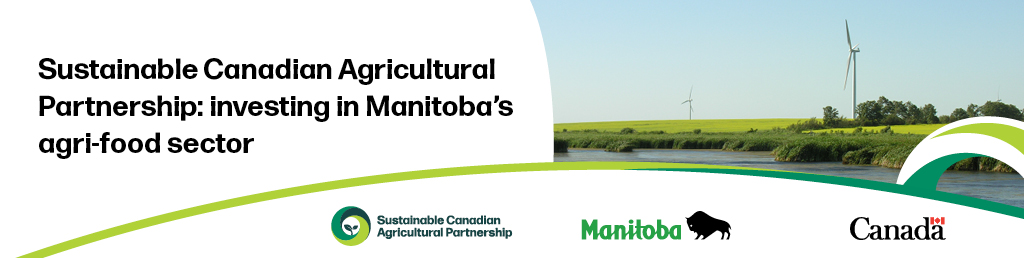 Sustainable Canadian Agricultural Partnership banner with a picture of a wind turbine in a farm field near a waterway. Includes the S-CAP logo, the Government of Manitoba logo and the Government of Canada logo.